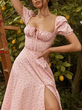 Airchics robe longue imprimé à fleurie fendue cuisse col bateau mode champetre rose