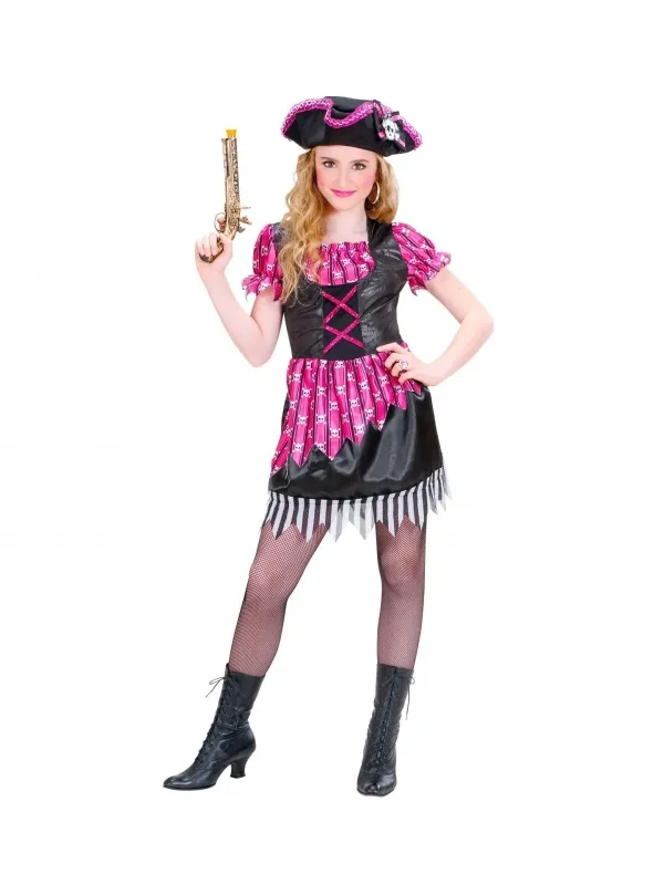 Déguisement Pirate fille rose et noir (robe et tricorne)