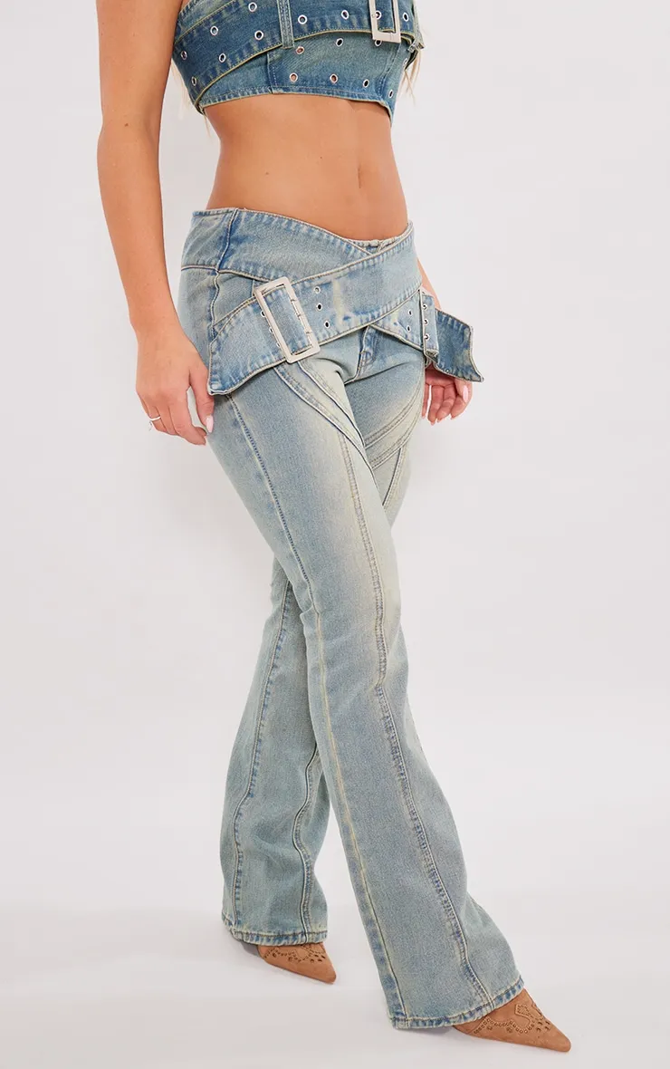 Jean flare délavé vintage à ceintures croisées