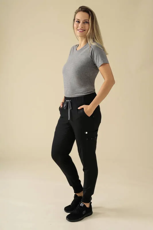 KAERE Pantalon Femme - avec poches cargo et ourlets côtelés Taille courte noir