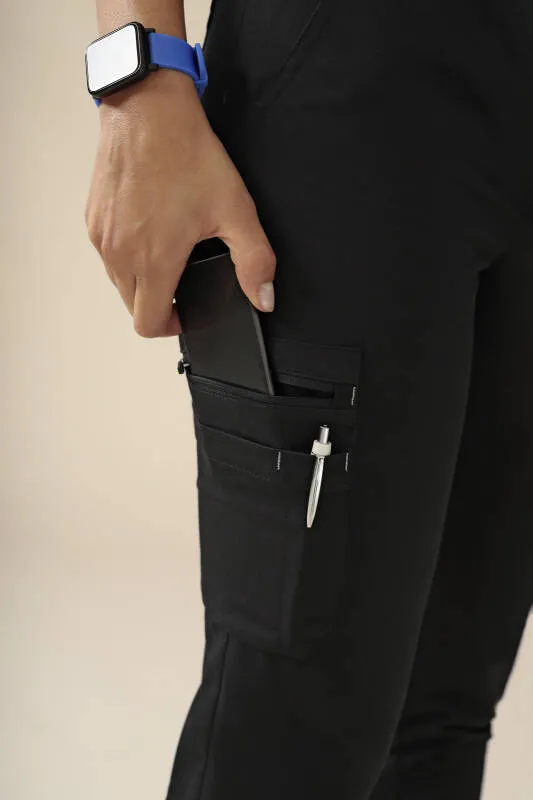 KAERE Pantalon Femme - avec poches cargo et ourlets côtelés Taille courte noir